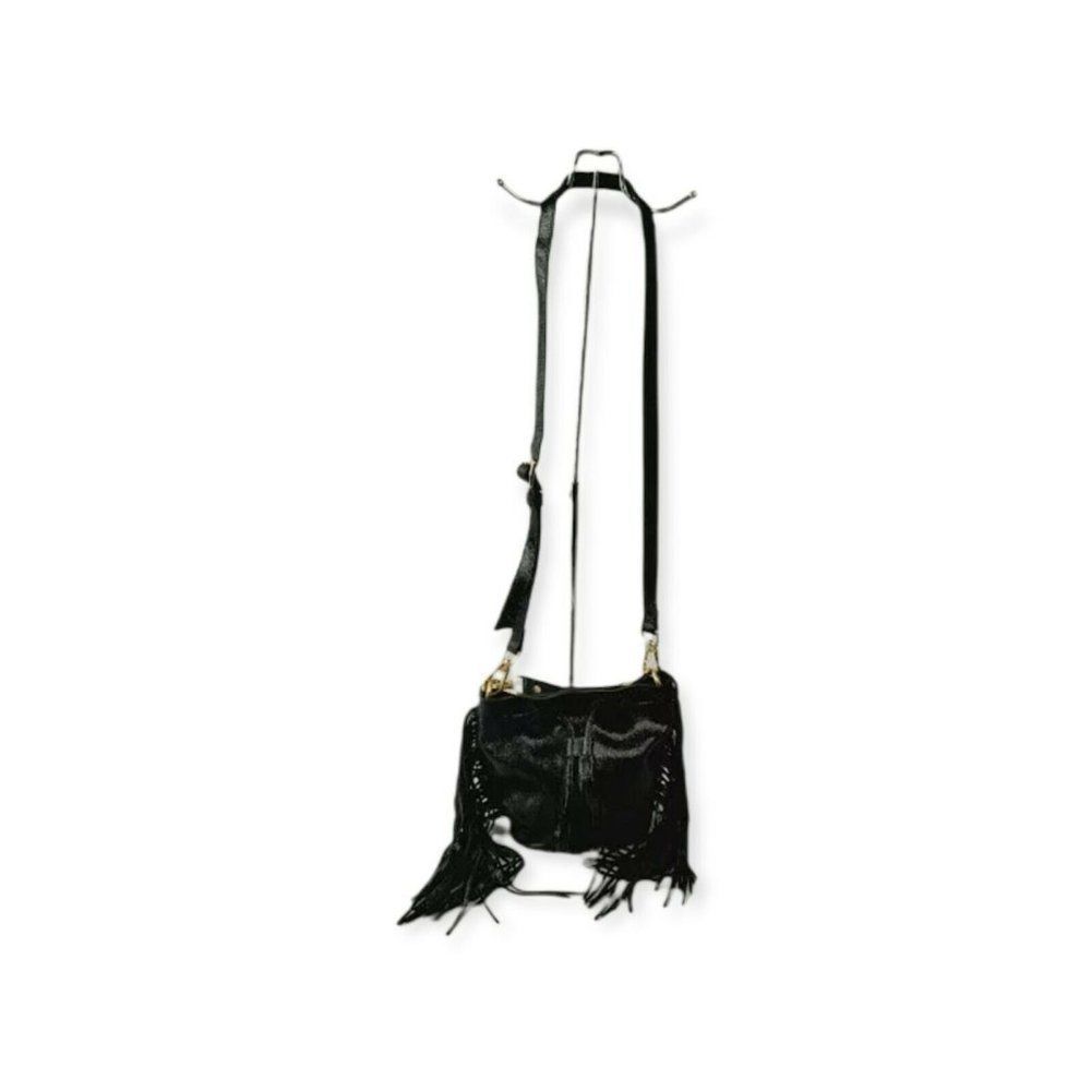 Brian Atwood Womens Black Metallic Leather Fringe Inner Pocket Bucket Bag